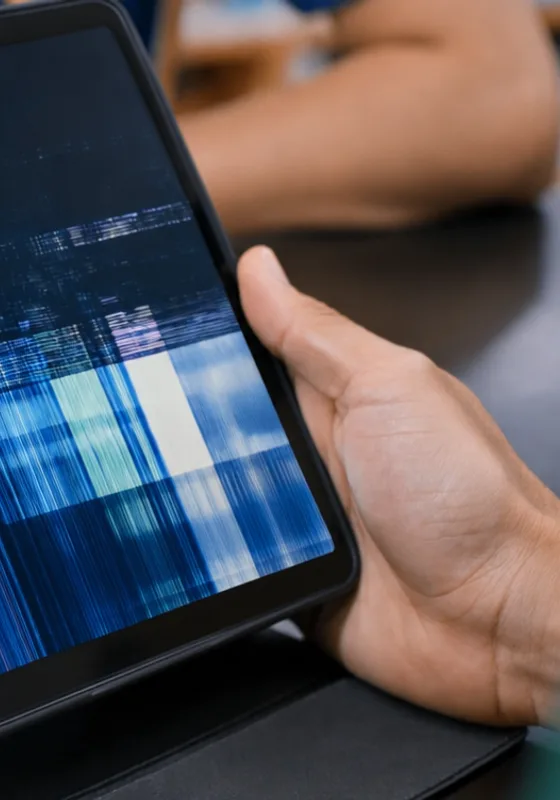 Celular con la pantalla estrellada y líneas de color en la imagen