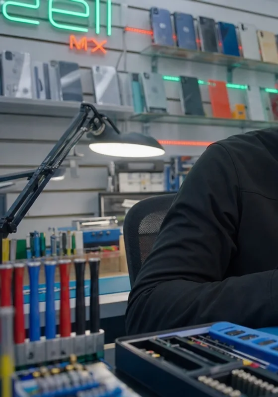 Reparador en su local, con la lámpara de trabajo y las herramientas ordenadas