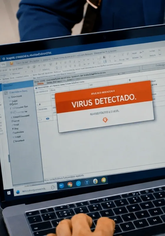 Laptop mostrando una alerta de virus detectado en la pantalla