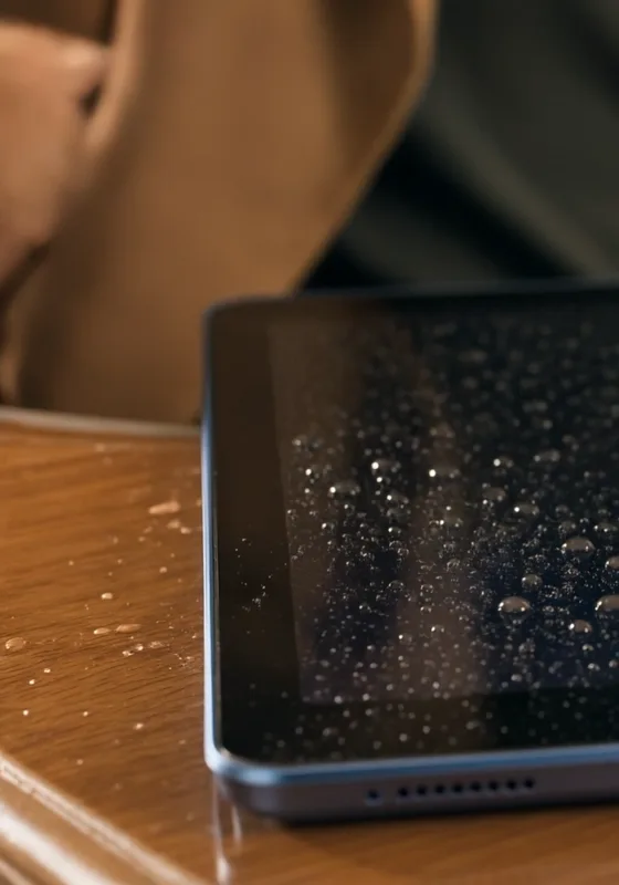 Tablet cubierta de gotas de agua sobre una mesa