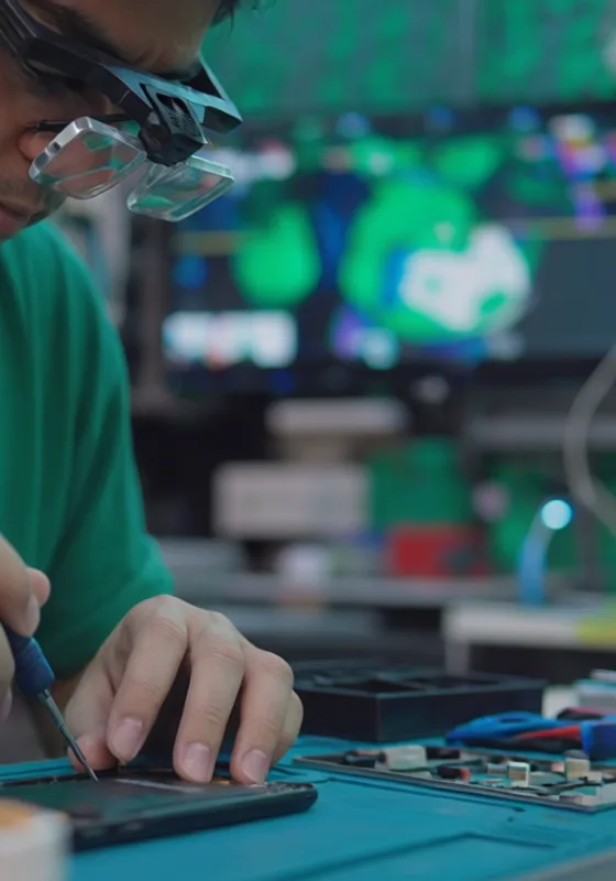 Reparador con lentes de aumento trabajando en una placa