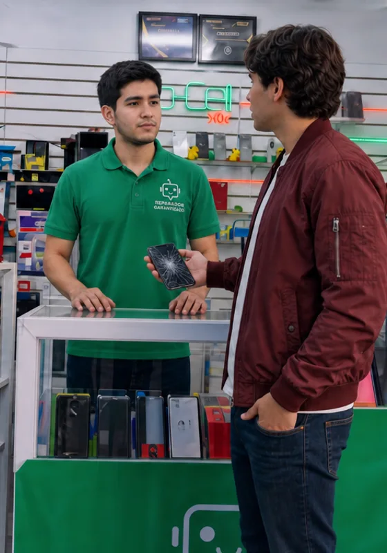 Reparador garantizado atendiendo a un cliente en el mostrador