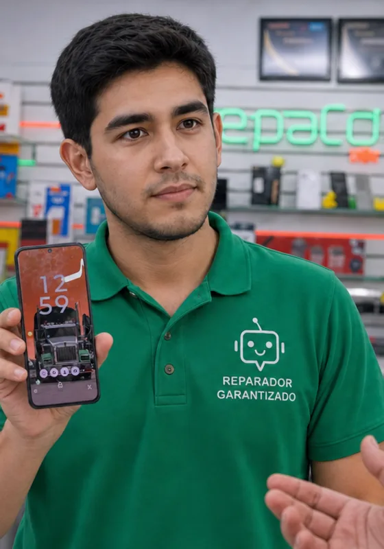 Reparador garantizado mostrando un celular ya reparado