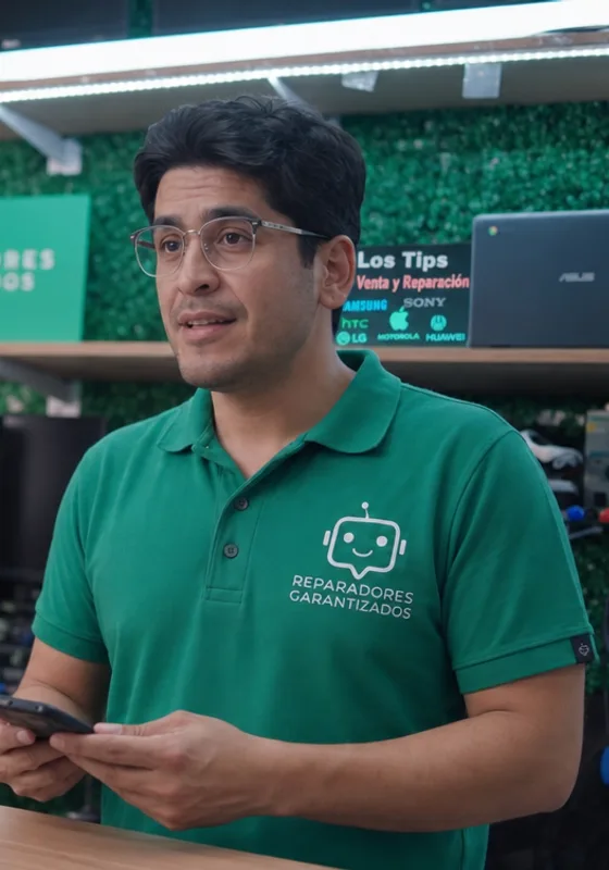 Reparador garantizado explicándole a un cliente en su local